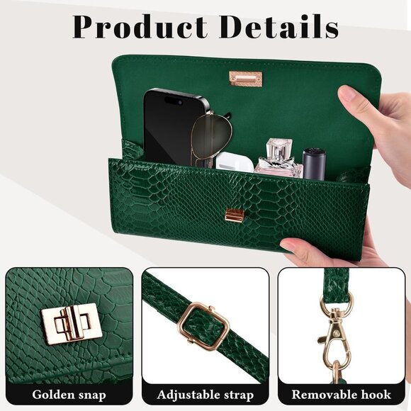 Women's Green Cocktail Formal Evening Crossbody Shoulder Strap Envelope Bag - Picture 4 of 7